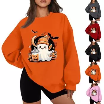 Женская повседневная мода Хэллоуин принт длинный рукав круглый вырез толстовки пуловер топ L красный