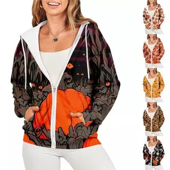 Женская повседневная мода Хэллоуин принт длинный рукав пуловер толстовки с капюшоном на молнии пальто XL чёрный