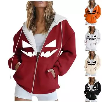 Женская повседневная мода Хэллоуин принт длинный рукав пуловер толстовки с капюшоном на молнии пальто XXL чёрный