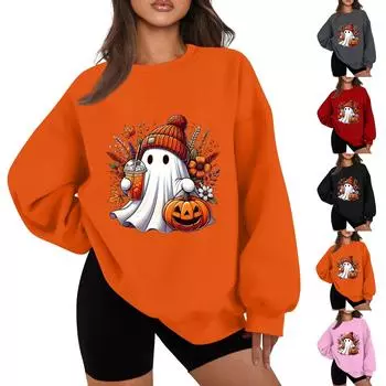 Женская повседневная мода Хэллоуин принт длинный рукав круглый вырез толстовки пуловер топ L чёрный