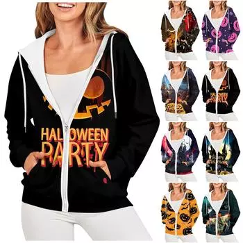Женская повседневная мода Хэллоуин принт длинный рукав пуловер толстовки с капюшоном на молнии пальто L синий