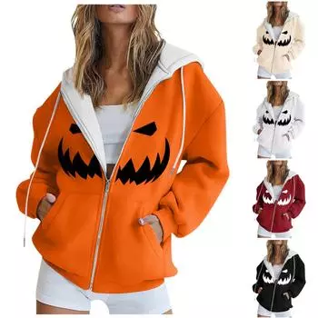 Женская повседневная мода Хэллоуин принт длинный рукав пуловер толстовки с капюшоном на молнии пальто S чёрный