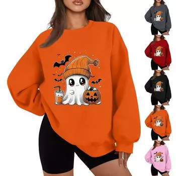 Женская повседневная мода Хэллоуин принт длинный рукав круглый вырез толстовки пуловер топ S чёрный