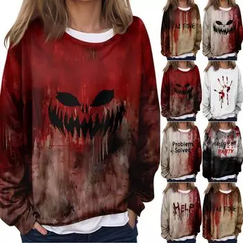 Женская повседневная мода Хэллоуин принтованный длинный рукав O-образный вырез толстовка многослойный пуловер топ XXXL чёрный