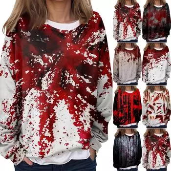 Женская повседневная мода Хэллоуин принтованный длинный рукав O-образный вырез толстовка многослойный пуловер топ XXL чёрный