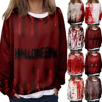 Женская повседневная мода Хэллоуин принтованный длинный рукав O-образный вырез толстовка многослойный пуловер топ L чёрный