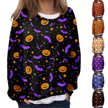 Женская повседневная мода Хэллоуин принтованный длинный рукав O-образный вырез толстовка многослойный пуловер топ S синий