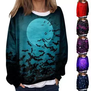 Женская повседневная мода Хэллоуин принтованный длинный рукав O-образный вырез толстовка многослойный пуловер топ L циан