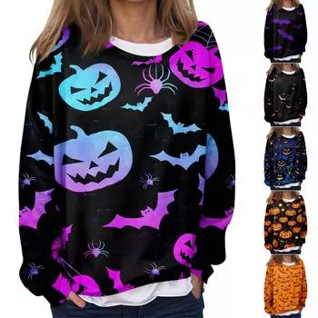 Женская повседневная мода Хэллоуин принтованный длинный рукав O-образный вырез толстовка многослойный пуловер топ L