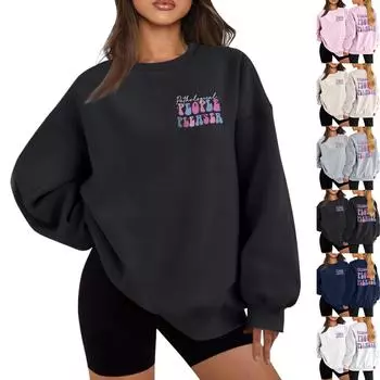 Женская повседневная мода карнавальный принт длинный рукав O-образный вырез толстовки пуловер топ XXXL чёрный