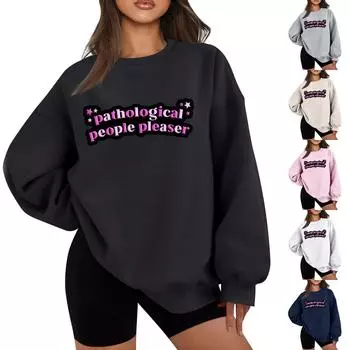 Женская повседневная мода карнавальный принт длинный рукав O-образный вырез толстовки пуловер топ L чёрный