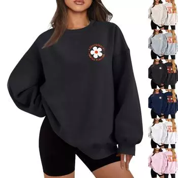 Женская повседневная мода карнавальный принт длинный рукав O-образный вырез толстовки пуловер топ L чёрный