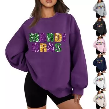 Женская повседневная мода карнавальный принт длинный рукав O-образный вырез толстовки пуловер топ L чёрный