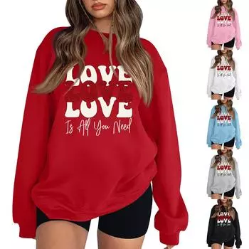 Женская повседневная мода ко Дню святого Валентина с принтом, длинным рукавом, круглым вырезом, толстовки, пуловеры, топы M чёрный