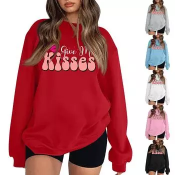 Женская повседневная мода ко Дню святого Валентина с принтом, длинным рукавом, круглым вырезом, толстовки, пуловеры, топы XXXL чёрный