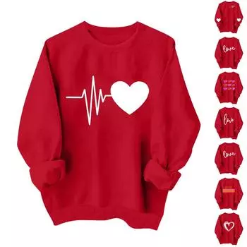 Женская повседневная мода ко Дню святого Валентина с принтом, длинным рукавом, круглым вырезом, толстовки, пуловеры, топы M