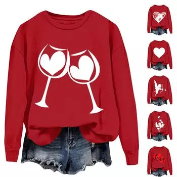 Женская повседневная мода ко Дню святого Валентина с принтом, длинным рукавом, круглым вырезом, толстовки, пуловеры, топы XXXL