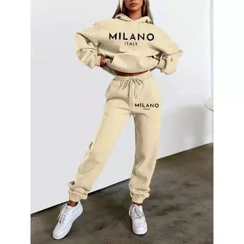 Женская повседневная мода, комплект из толстовок с капюшоном и спортивных штанов, с длинными рукавами, с монограммой, на шнурке, микроэластичная, спортивный стиль L бежевый