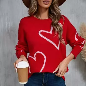 Женская повседневная мода круглый вырез воротничок сердечко свитер трикотажная нижняя рубашка XL