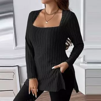 Женская повседневная мода квадратный вырез длинный рукав разрез топ XXL чёрный