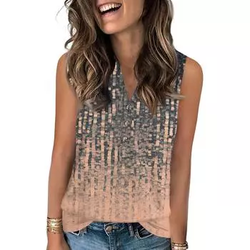 Женская повседневная мода летняя майка с цветным принтом и V-образным вырезом без рукавов на пуговицах M верблюд