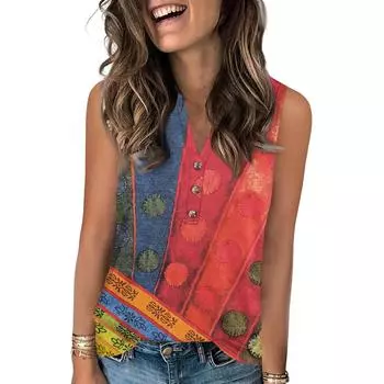 Женская повседневная мода летняя майка с цветным принтом и V-образным вырезом без рукавов на пуговицах L