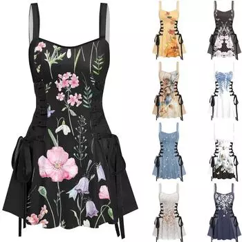 Женская повседневная мода обычная печатная сексуальная бретелька ретро короткое платье ретро юбка юбка XL синий