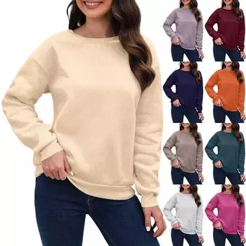 Женская повседневная мода однотонный длинный рукав О-образный вырез пуловер толстовки топ блузка XL винный