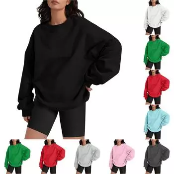 Женская повседневная мода однотонный длинный рукав О-образный вырез пуловер толстовки топ блузка XL белый