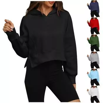 Женская повседневная мода однотонный длинный рукав пуловер с капюшоном толстовки топ блузка M