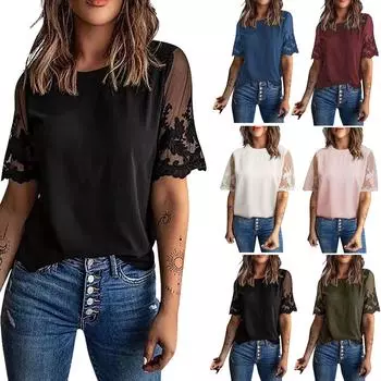 Женская повседневная мода однотонный круглый вырез шифоновый кружевной пэчворк топ XXL чёрный