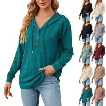 Женская повседневная мода однотонный свободный топ с капюшоном и пуговицами с длинными рукавами XXL хаки