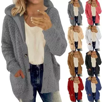 Женская повседневная мода осень и зима новый кардиган пальто плюшевое модное однотонное пальто L чёрный