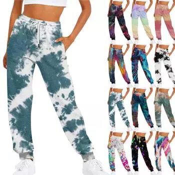 Женская повседневная мода Повседневные брюки с эластичным поясом и эластичной резинкой на талии с принтом тай-дай и шнурком на талии L чёрный