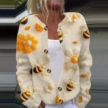 Женская повседневная мода ретро цветочный принт длинный рукав кардиган куртка на пуговицах L бежевый