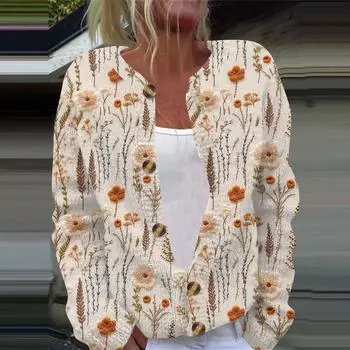 Женская повседневная мода ретро цветочный принт длинный рукав кардиган куртка на пуговицах L бежевый