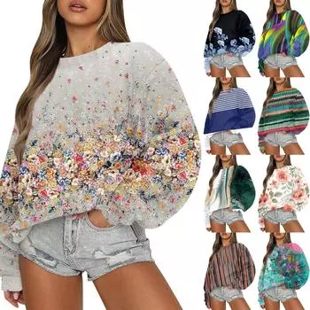 Женская повседневная мода ретро цветочный принт длинный рукав трикотажный спортивный топ свободного кроя M