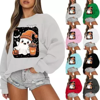 Женская повседневная мода ретро цветочный принт длинный рукав трикотажный спортивный топ свободного кроя M чёрный