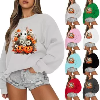 Женская повседневная мода ретро цветочный принт длинный рукав трикотажный спортивный топ свободного кроя XXL чёрный