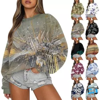 Женская повседневная мода ретро цветочный принт длинный рукав трикотажный спортивный топ свободного кроя L чёрный