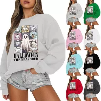 Женская повседневная мода ретро цветочный принт длинный рукав трикотажный спортивный топ свободного кроя XXXL чёрный