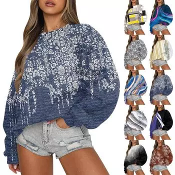 Женская повседневная мода ретро цветочный принт длинный рукав трикотажный спортивный топ свободного кроя L чёрный