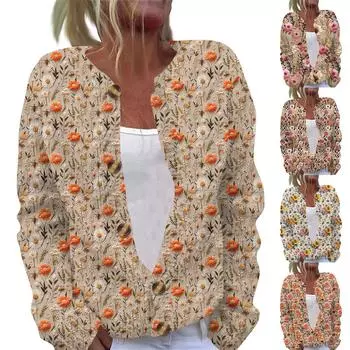 Женская повседневная мода ретро цветочный принт длинный рукав кардиган куртка на пуговицах L