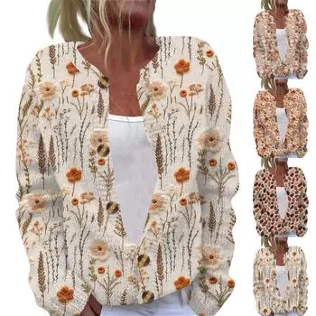 Женская повседневная мода ретро цветочный принт длинный рукав кардиган куртка на пуговицах L бежевый