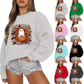 Женская повседневная мода ретро цветочный принт длинный рукав трикотажный спортивный топ свободного кроя L чёрный