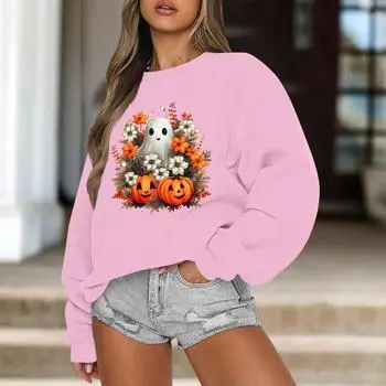 Женская повседневная мода ретро цветочный принт длинный рукав трикотажный спортивный топ свободного кроя S розовый