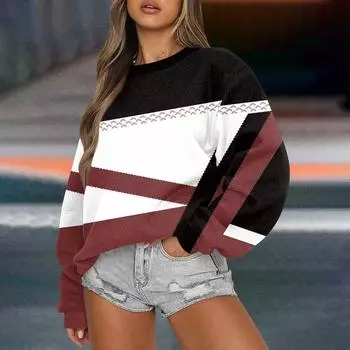 Женская повседневная мода ретро цветочный принт длинный рукав трикотажный спортивный топ свободного кроя M винный