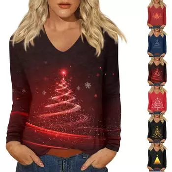 Женская повседневная мода рождественский графический принт повседневный принт длинный рукав V-образный вырез пуловер топ блузка XXL чёрный