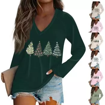 Женская повседневная мода рождественский графический принт повседневный принт длинный рукав О-образный вырез пуловер топ блузка M белый
