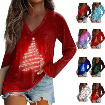 Женская повседневная мода рождественский графический принт повседневный принт длинный рукав V-образный вырез пуловер топ блузка S
